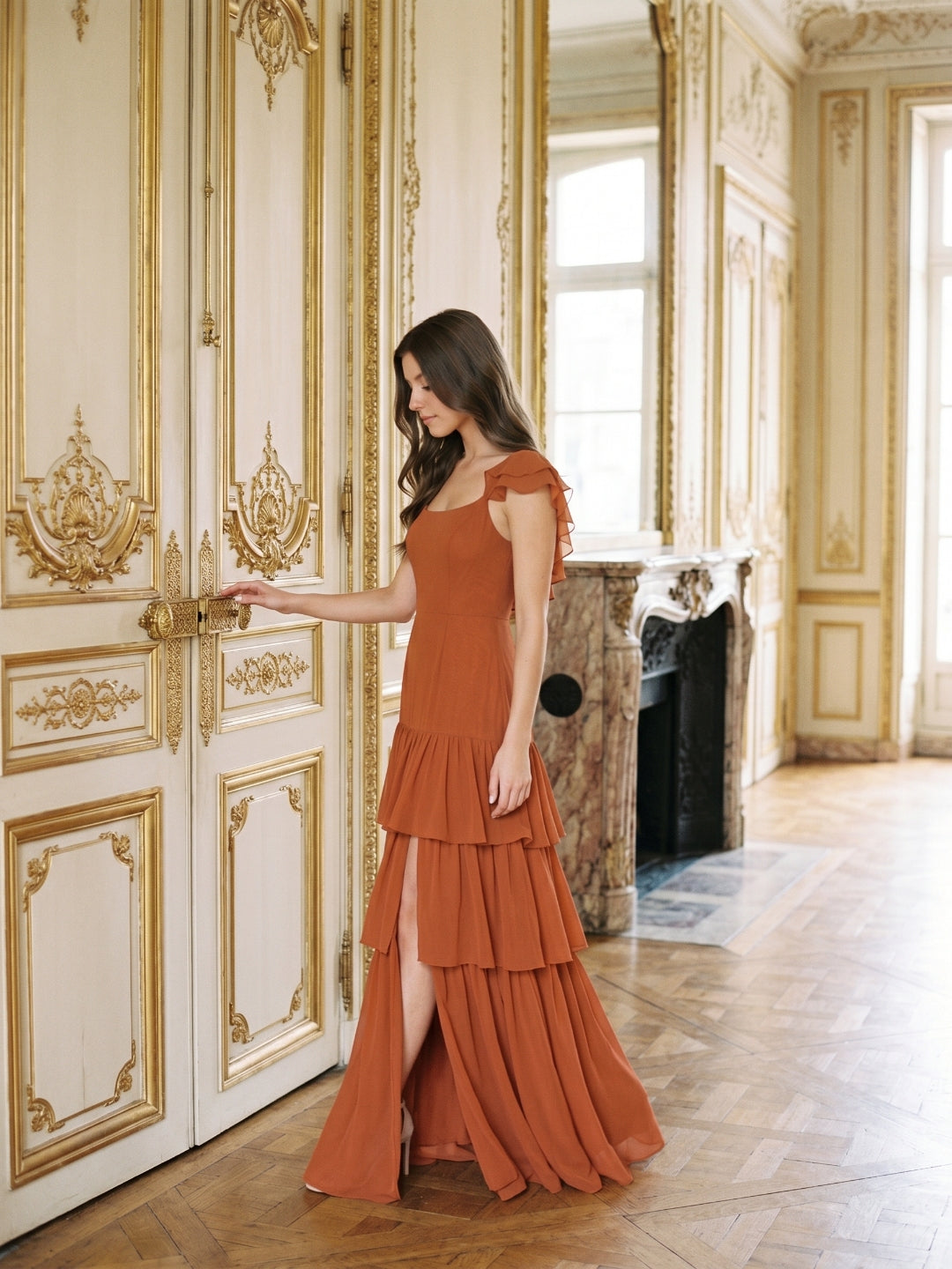 Cinnamon Chiffon A-Line Scoop Neck Lace-Up Ankle Bridesmaid Dress with Cascading Ruffles
