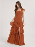Cinnamon Chiffon A-Line Scoop Neck Lace-Up Ankle Bridesmaid Dress with Cascading Ruffles