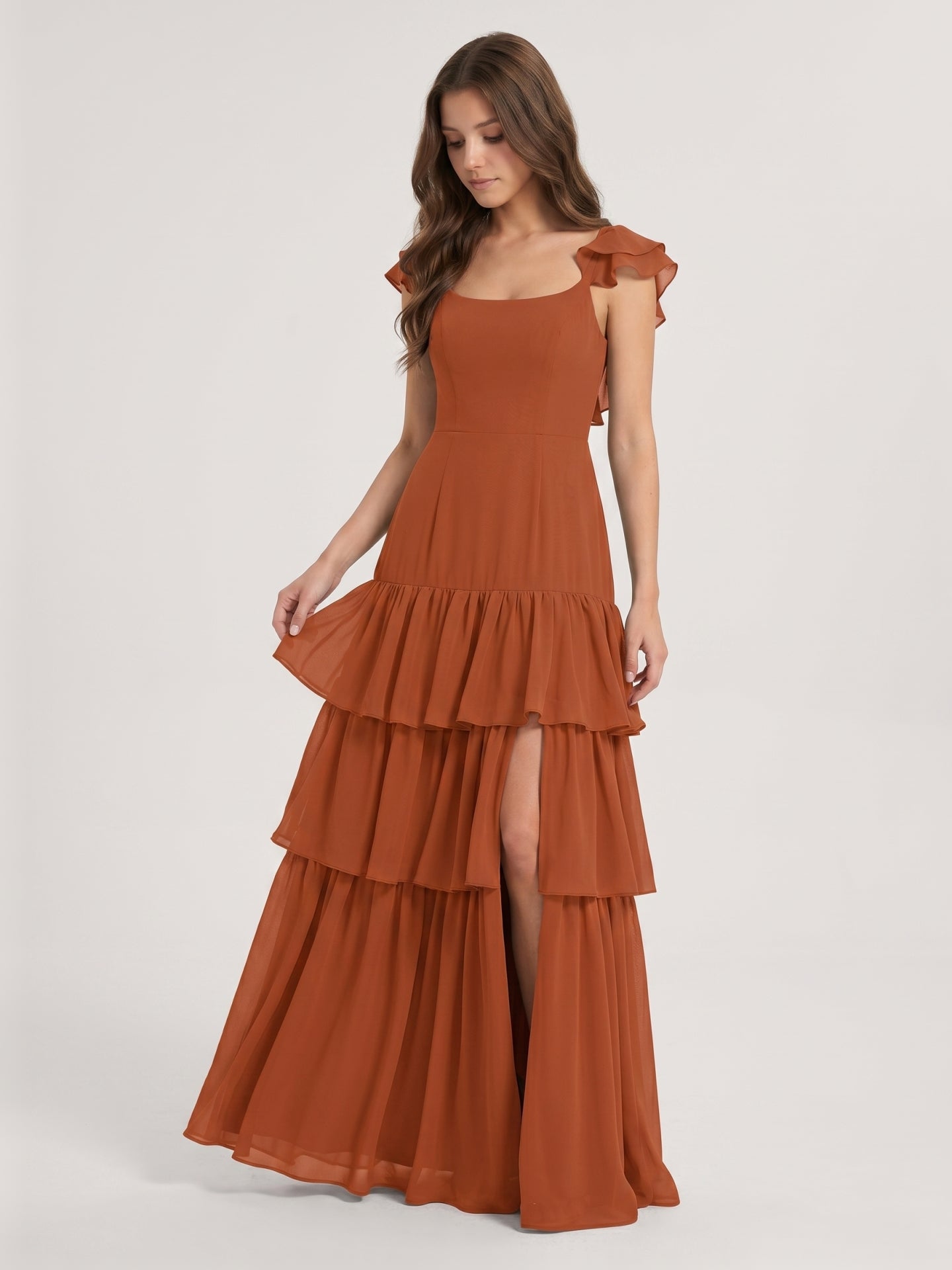Cinnamon Chiffon A-Line Scoop Neck Lace-Up Ankle Bridesmaid Dress with Cascading Ruffles