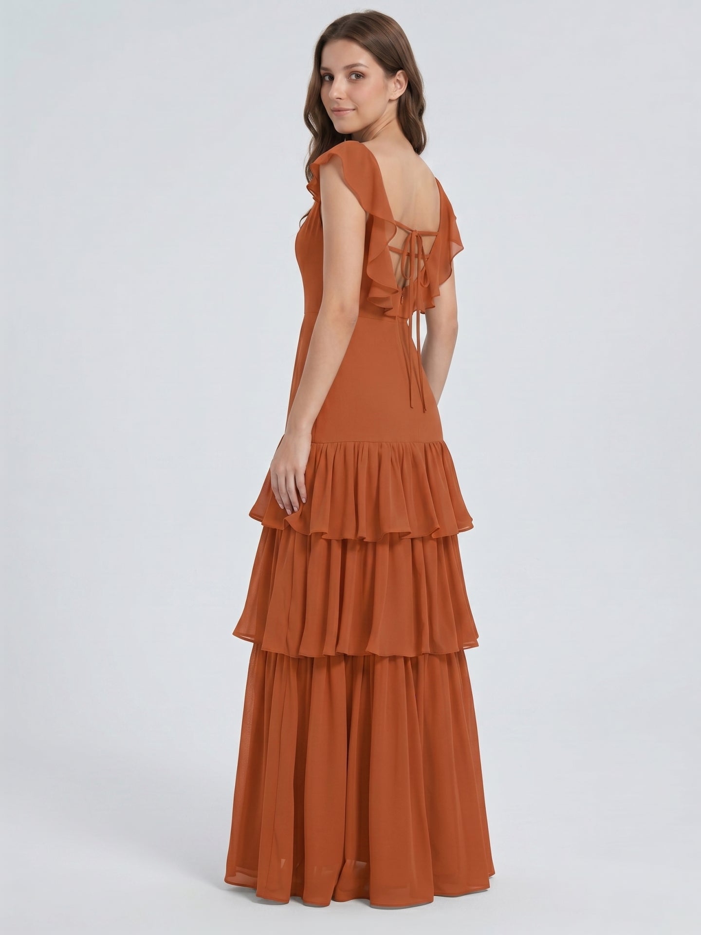 Cinnamon Chiffon A-Line Scoop Neck Lace-Up Ankle Bridesmaid Dress with Cascading Ruffles