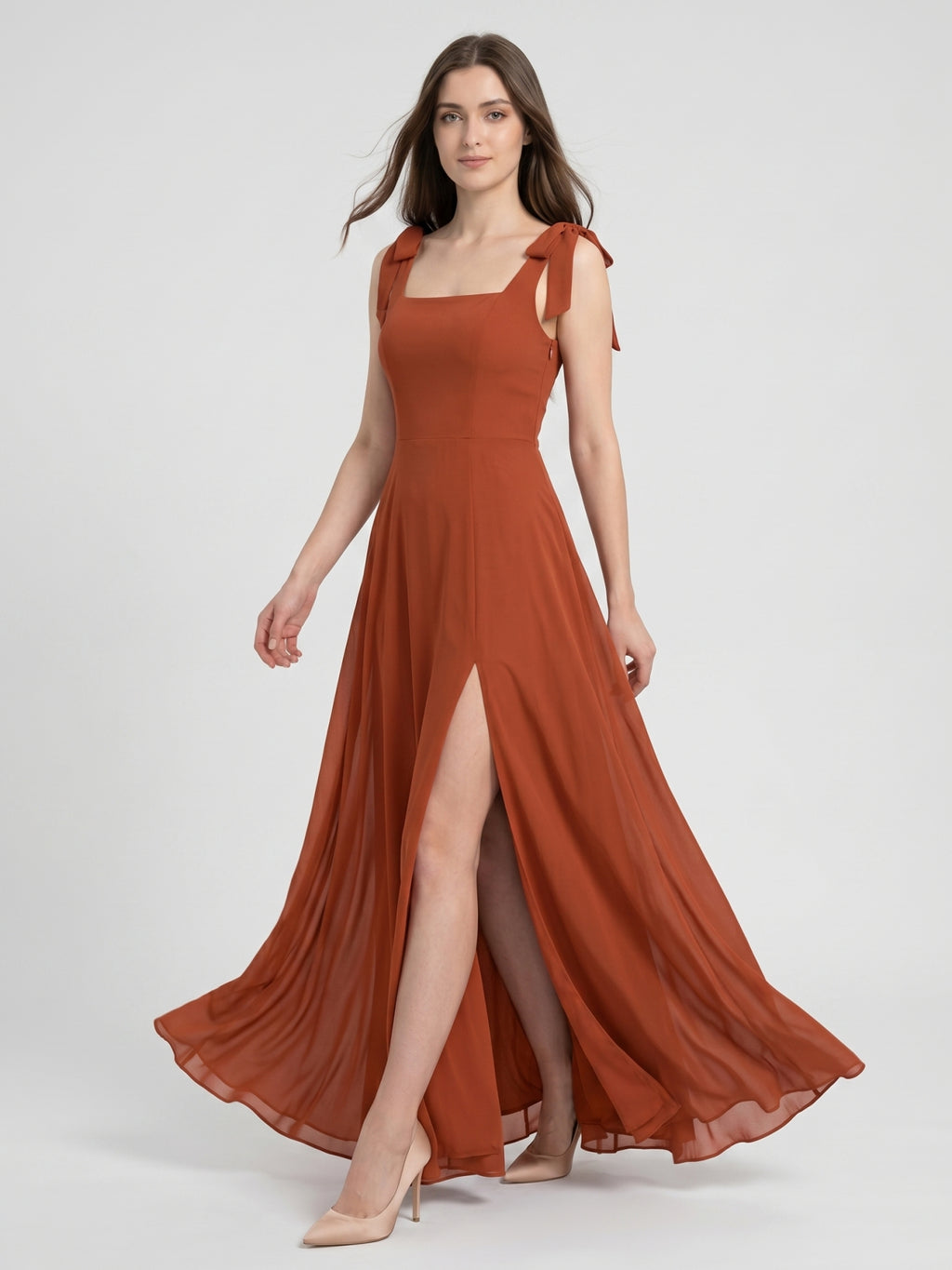 Cinnamon Chiffon A-Line Square Neck Back Zip Floor-Length Bridesmaid Dress