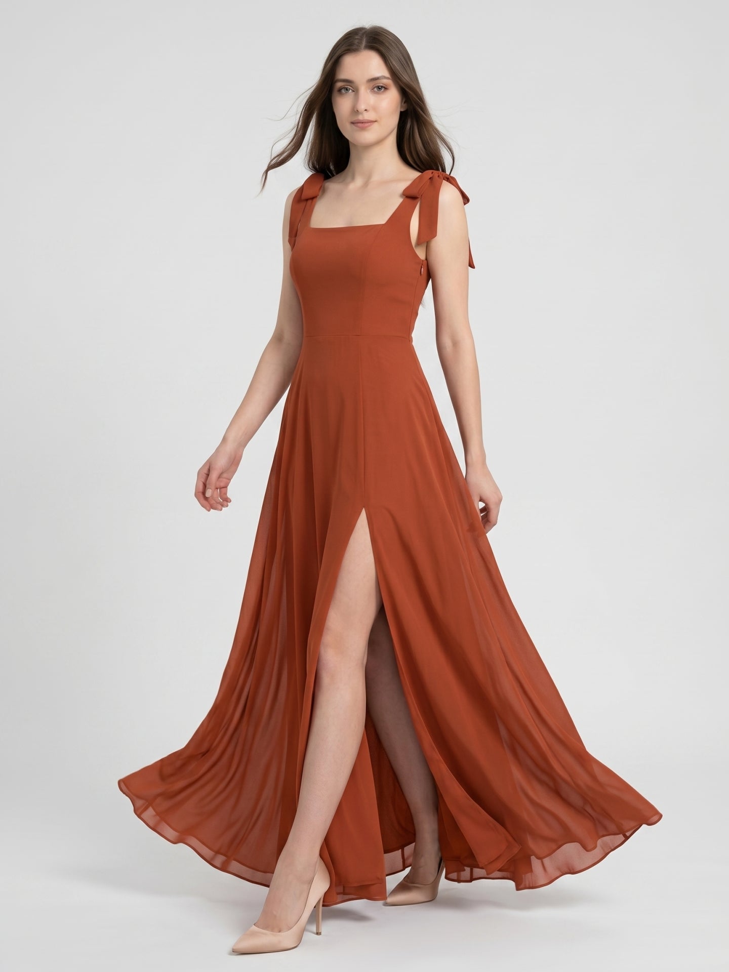 Cinnamon Chiffon A-Line Square Neck Back Zip Floor-Length Bridesmaid Dress