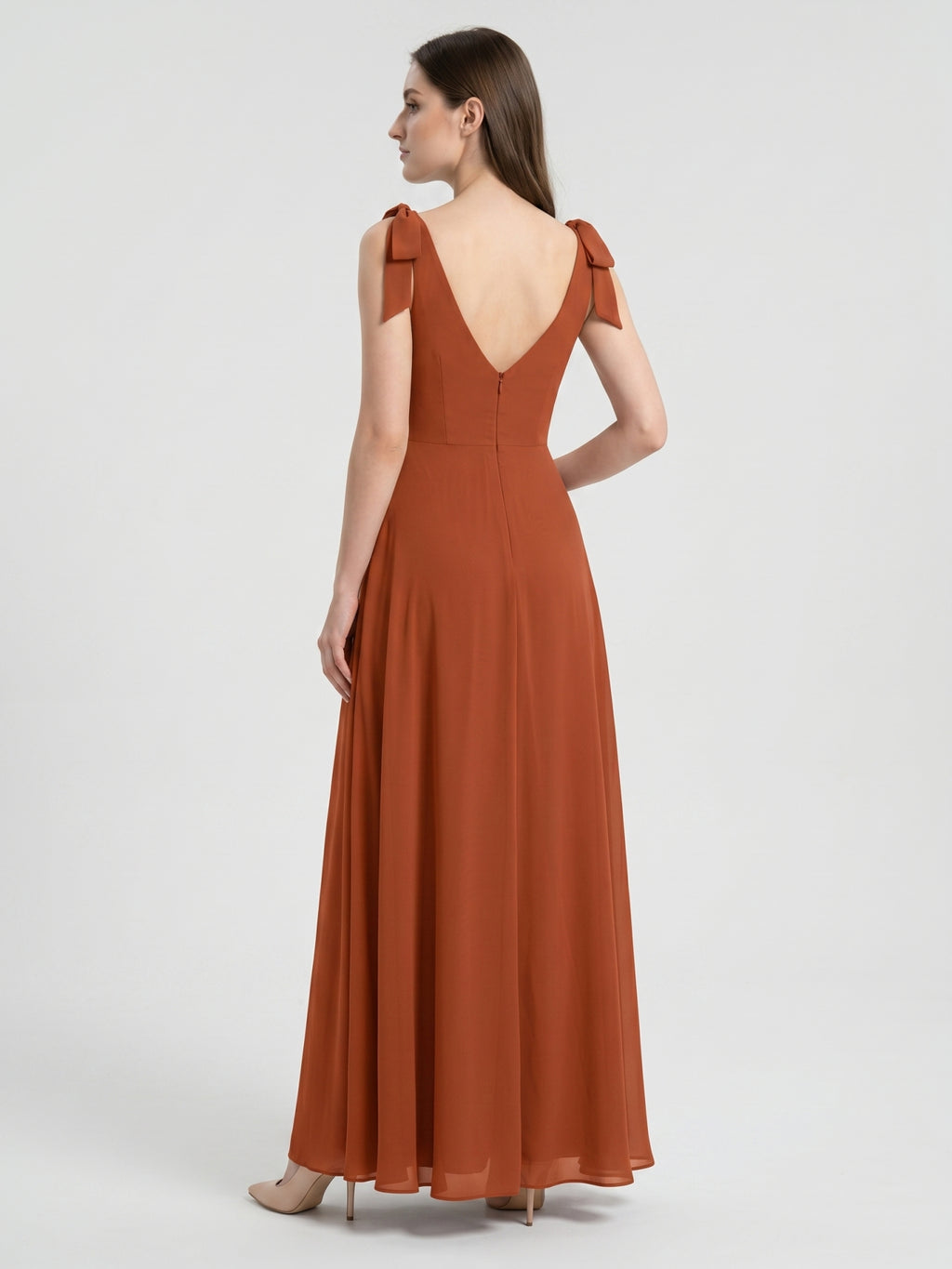 Cinnamon Chiffon A-Line Square Neck Back Zip Floor-Length Bridesmaid Dress