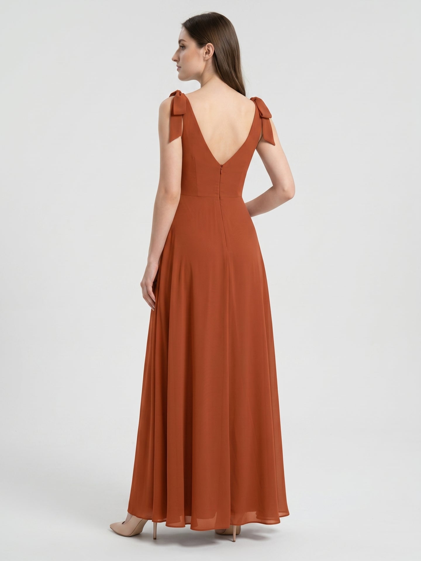 Cinnamon Chiffon A-Line Square Neck Back Zip Floor-Length Bridesmaid Dress