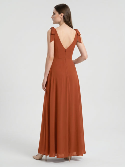 Cinnamon Chiffon A-Line Square Neck Back Zip Floor-Length Bridesmaid Dress