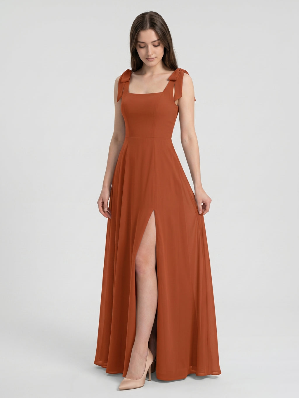 Cinnamon Chiffon A-Line Square Neck Back Zip Floor-Length Bridesmaid Dress