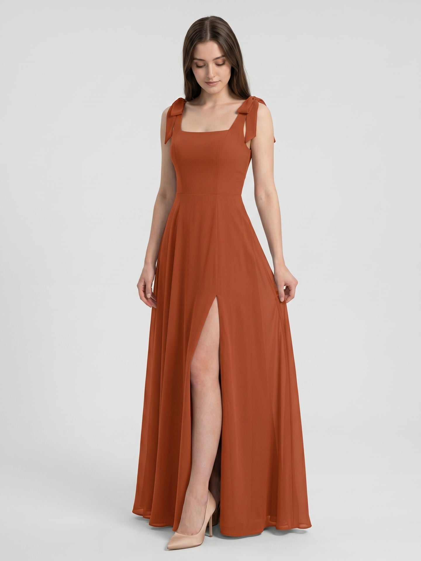 Cinnamon Chiffon A-Line Square Neck Back Zip Floor-Length Bridesmaid Dress