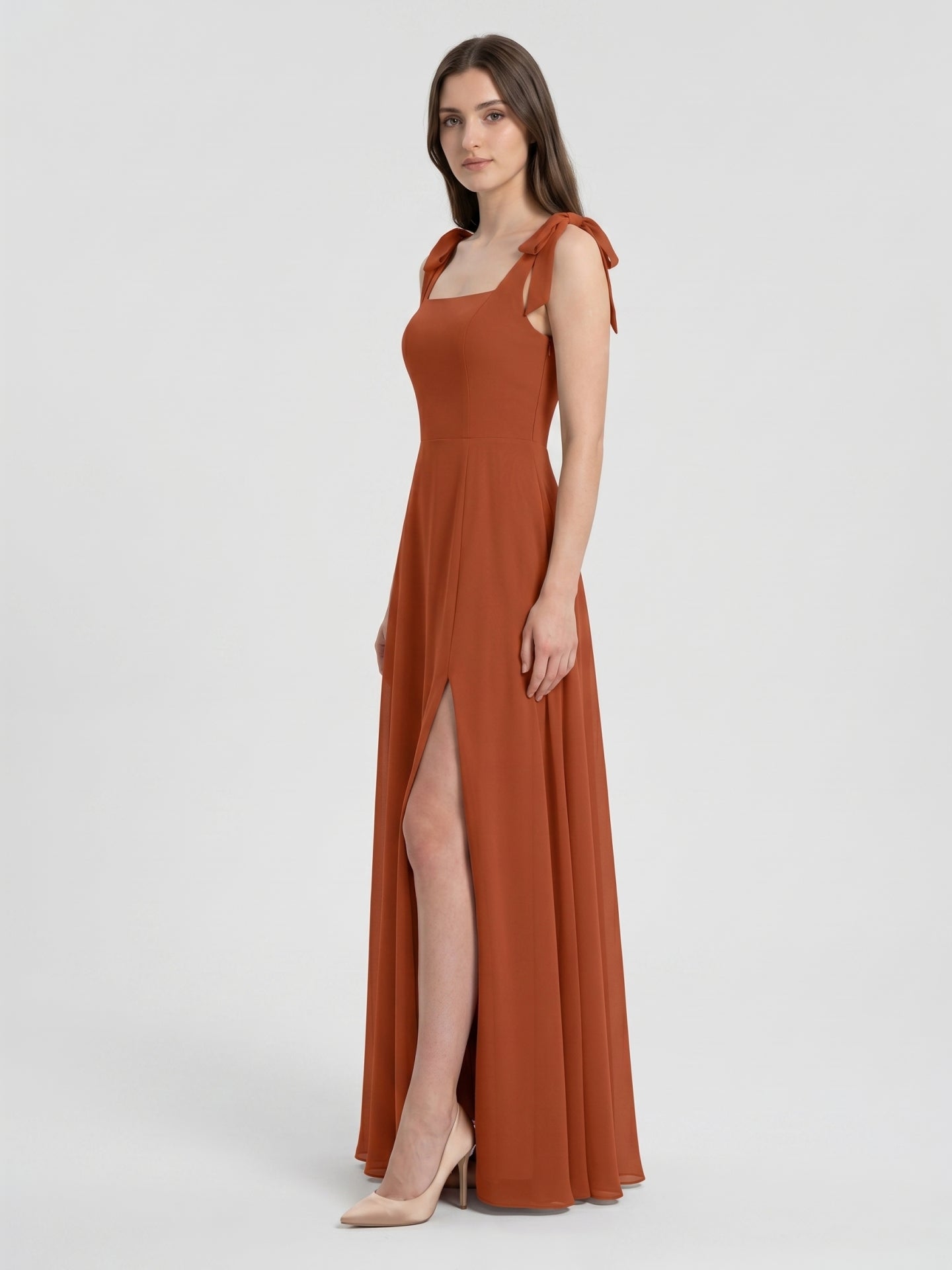 Cinnamon Chiffon A-Line Square Neck Back Zip Floor-Length Bridesmaid Dress