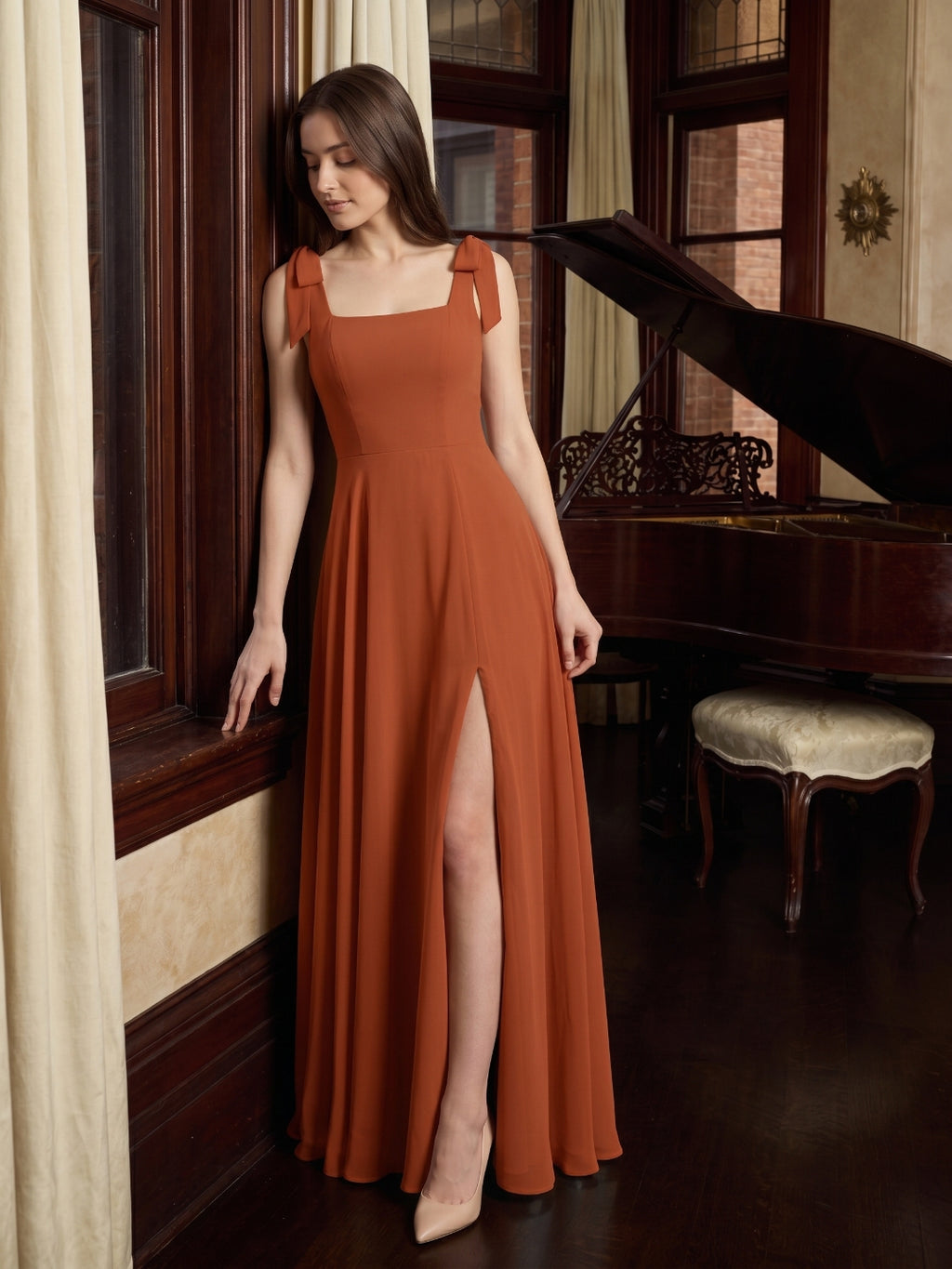 Cinnamon Chiffon A-Line Square Neck Back Zip Floor-Length Bridesmaid Dress