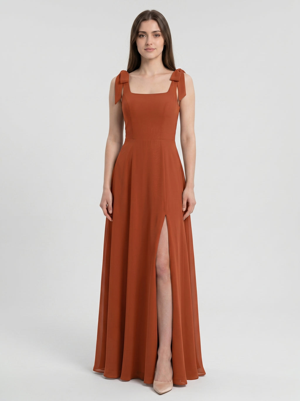 Cinnamon Chiffon A-Line Square Neck Back Zip Floor-Length Bridesmaid Dress