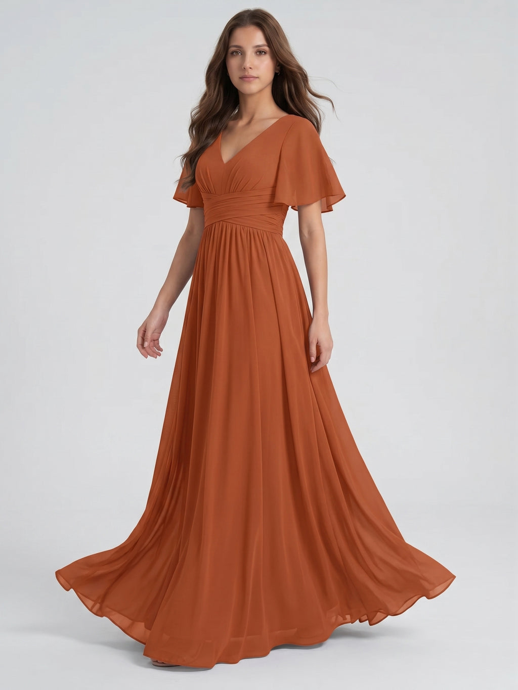 Cinnamon Chiffon A-Line V-Neck Back Zip Floor-Length Bridesmaid Dress with Pleats