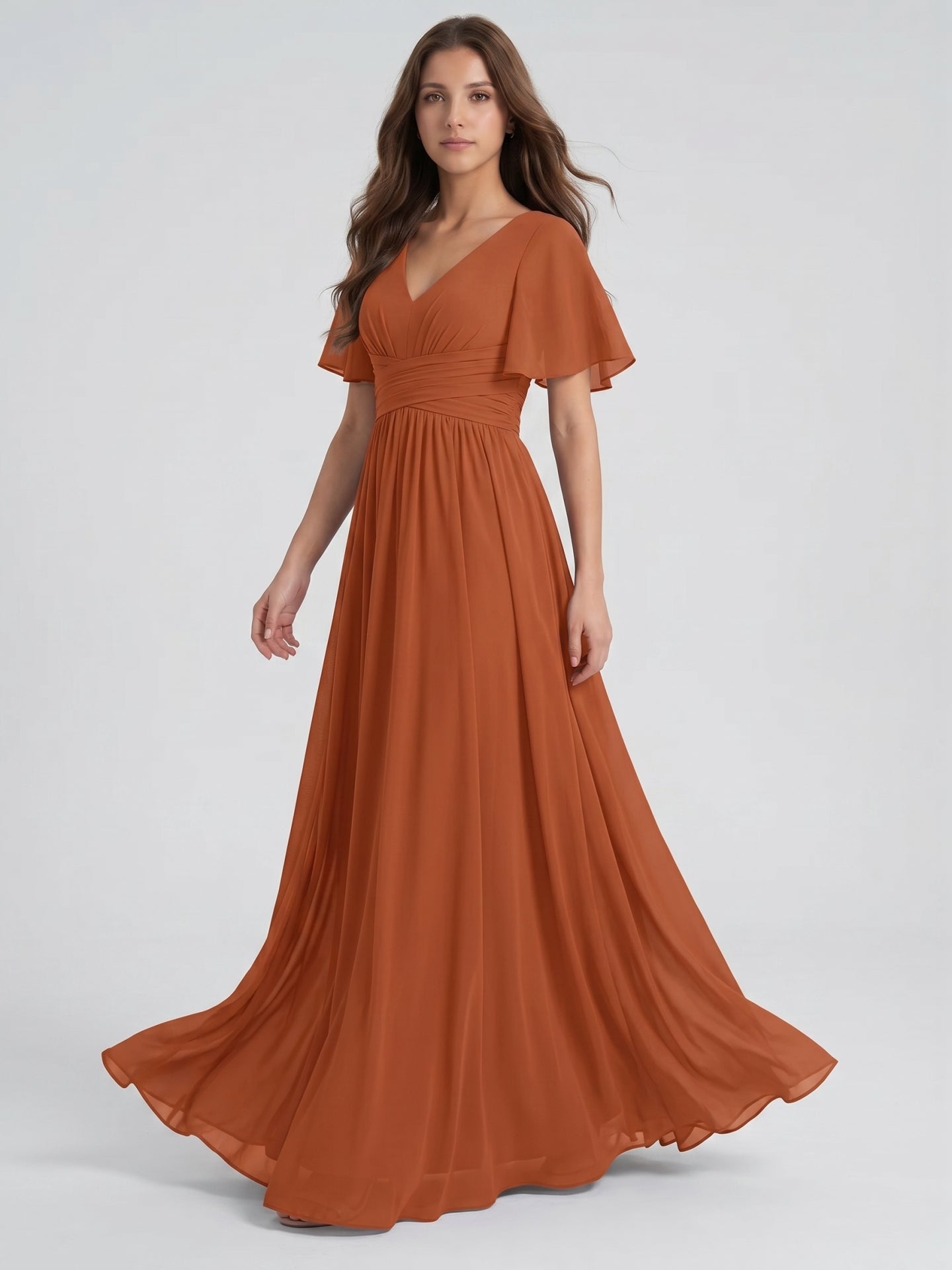 Cinnamon Chiffon A-Line V-Neck Back Zip Floor-Length Bridesmaid Dress with Pleats