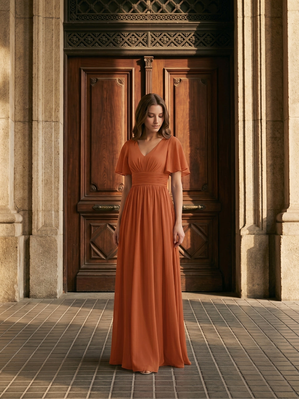 Cinnamon Chiffon A-Line V-Neck Back Zip Floor-Length Bridesmaid Dress with Pleats