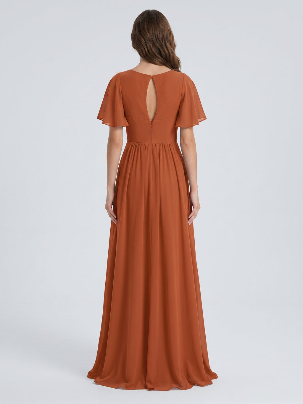 Cinnamon Chiffon A-Line V-Neck Back Zip Floor-Length Bridesmaid Dress with Pleats