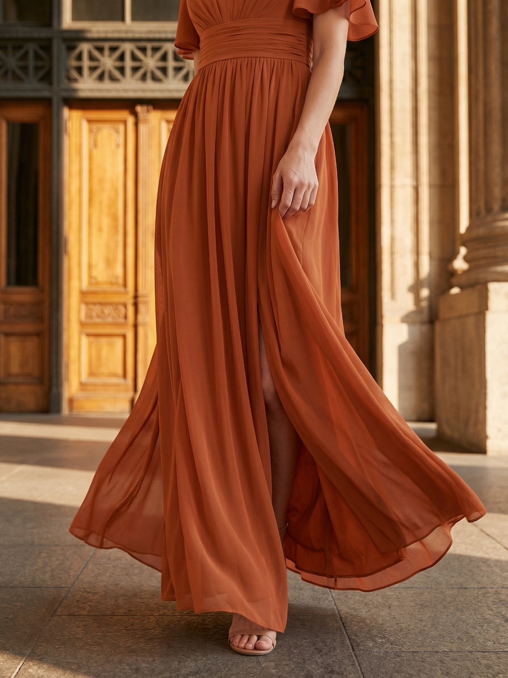 Cinnamon Chiffon A-Line V-Neck Back Zip Floor-Length Bridesmaid Dress with Pleats