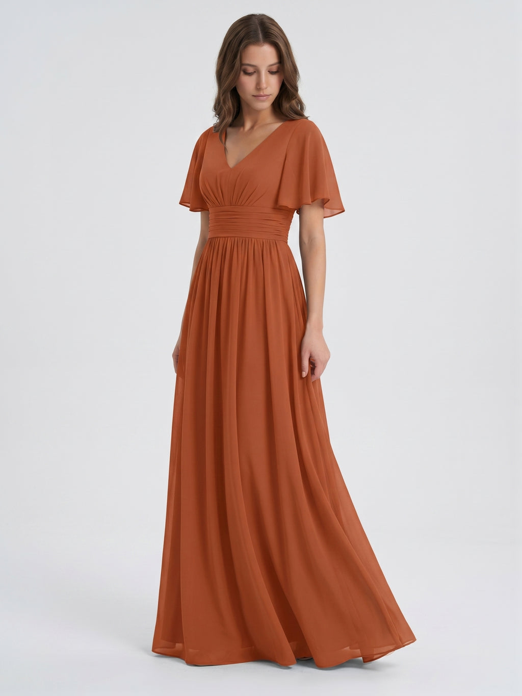 Cinnamon Chiffon A-Line V-Neck Back Zip Floor-Length Bridesmaid Dress with Pleats