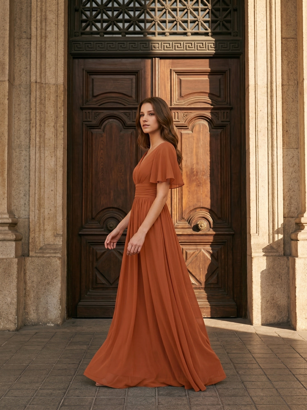 Cinnamon Chiffon A-Line V-Neck Back Zip Floor-Length Bridesmaid Dress with Pleats