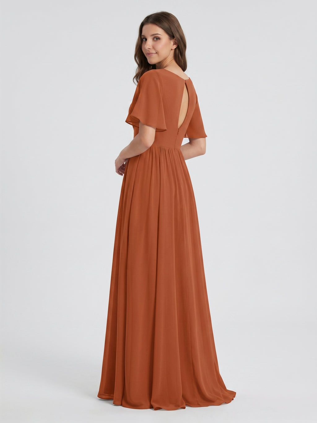 Cinnamon Chiffon A-Line V-Neck Back Zip Floor-Length Bridesmaid Dress with Pleats
