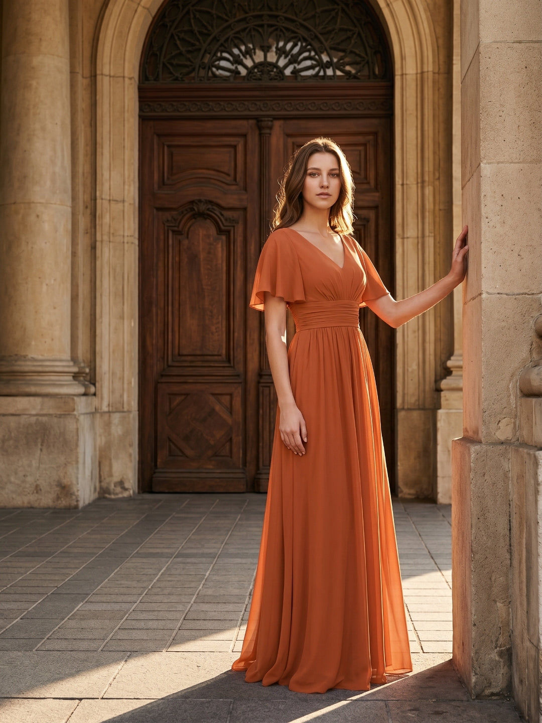 Cinnamon Chiffon A-Line V-Neck Back Zip Floor-Length Bridesmaid Dress with Pleats