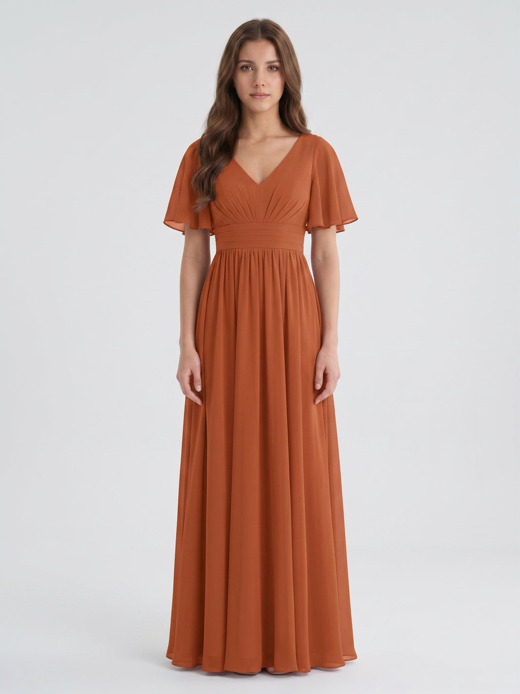 Cinnamon Chiffon A-Line V-Neck Back Zip Floor-Length Bridesmaid Dress with Pleats