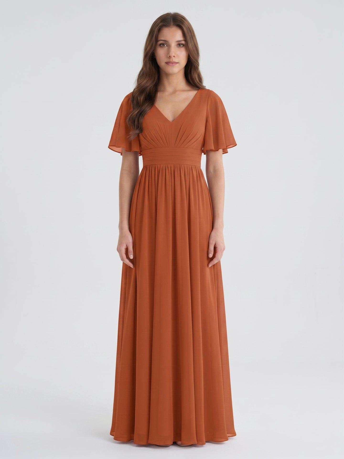 Cinnamon Chiffon A-Line V-Neck Back Zip Floor-Length Bridesmaid Dress with Pleats