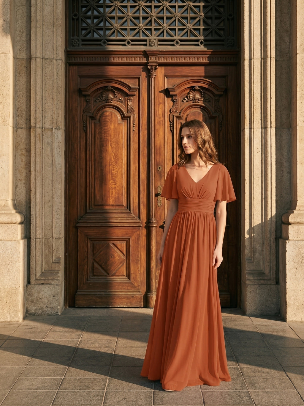 Cinnamon Chiffon A-Line V-Neck Back Zip Floor-Length Bridesmaid Dress with Pleats