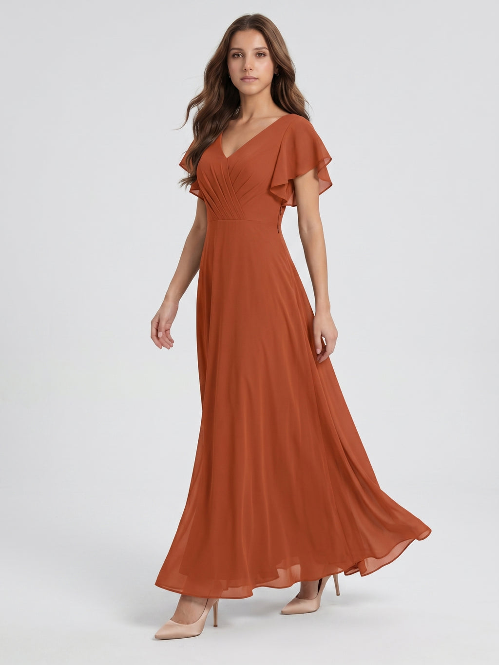 Cinnamon Chiffon A-Line V-Neck Back Zip Floor-Length Bridesmaid Dress with Ruffles