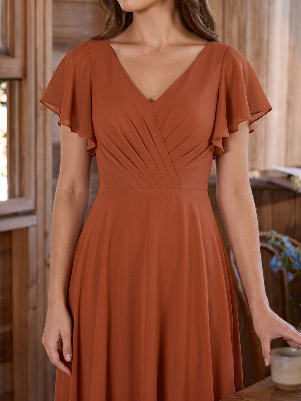 Cinnamon Chiffon A-Line V-Neck Back Zip Floor-Length Bridesmaid Dress with Ruffles