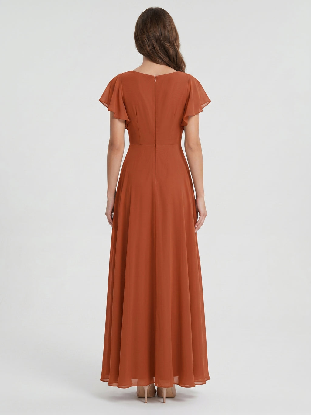 Cinnamon Chiffon A-Line V-Neck Back Zip Floor-Length Bridesmaid Dress with Ruffles