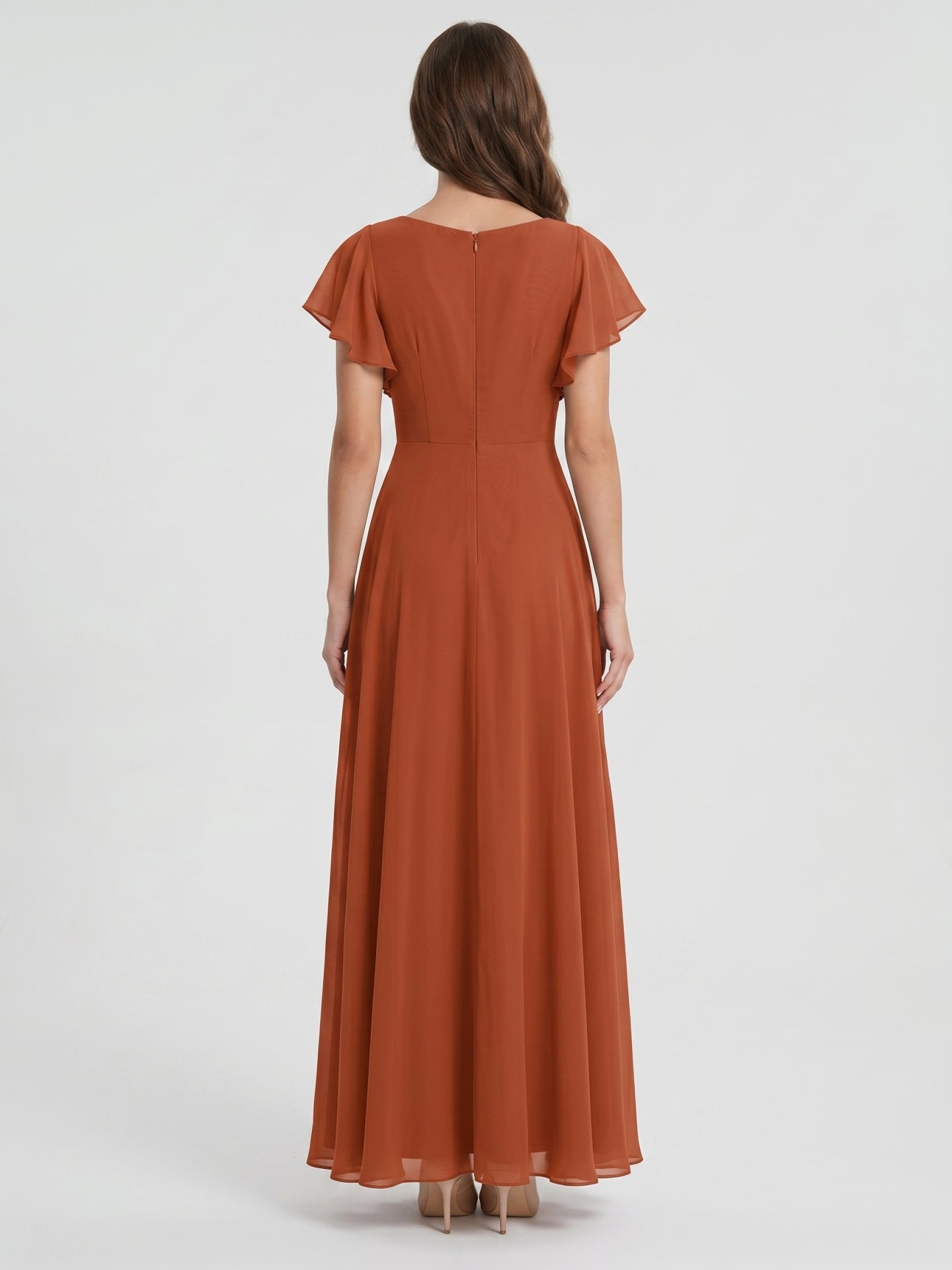 Cinnamon Chiffon A-Line V-Neck Back Zip Floor-Length Bridesmaid Dress with Ruffles