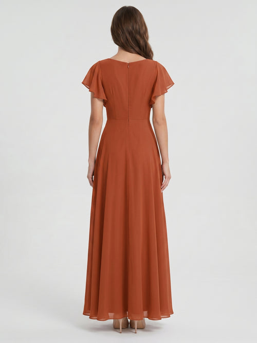 Cinnamon Chiffon A-Line V-Neck Back Zip Floor-Length Bridesmaid Dress with Ruffles