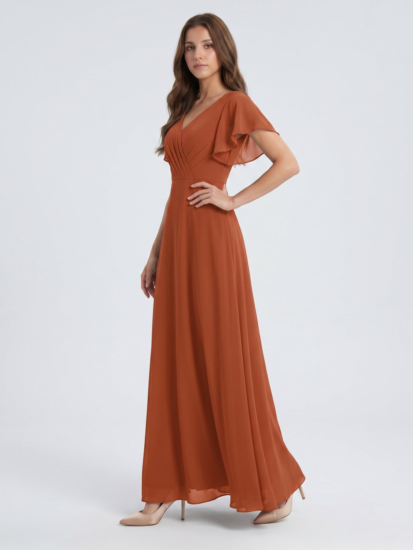Cinnamon Chiffon A-Line V-Neck Back Zip Floor-Length Bridesmaid Dress with Ruffles