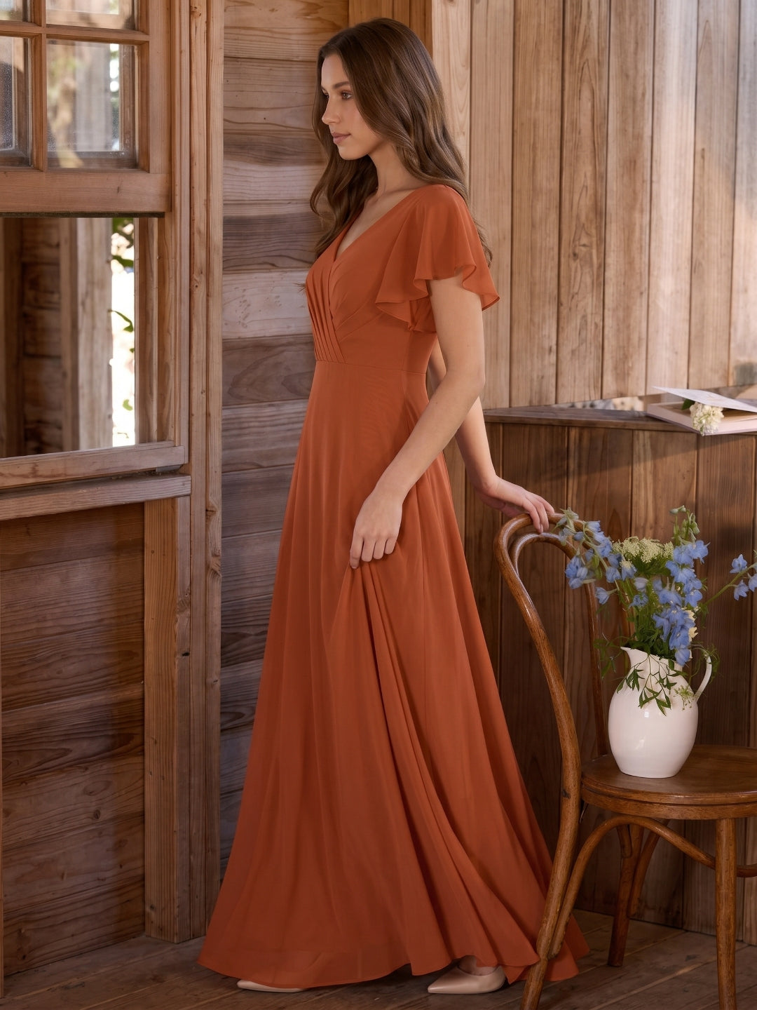 Cinnamon Chiffon A-Line V-Neck Back Zip Floor-Length Bridesmaid Dress with Ruffles