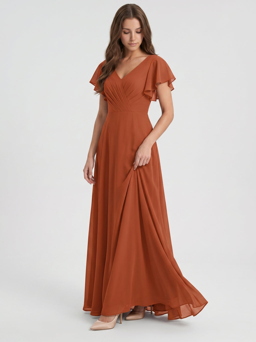 Cinnamon Chiffon A-Line V-Neck Back Zip Floor-Length Bridesmaid Dress with Ruffles