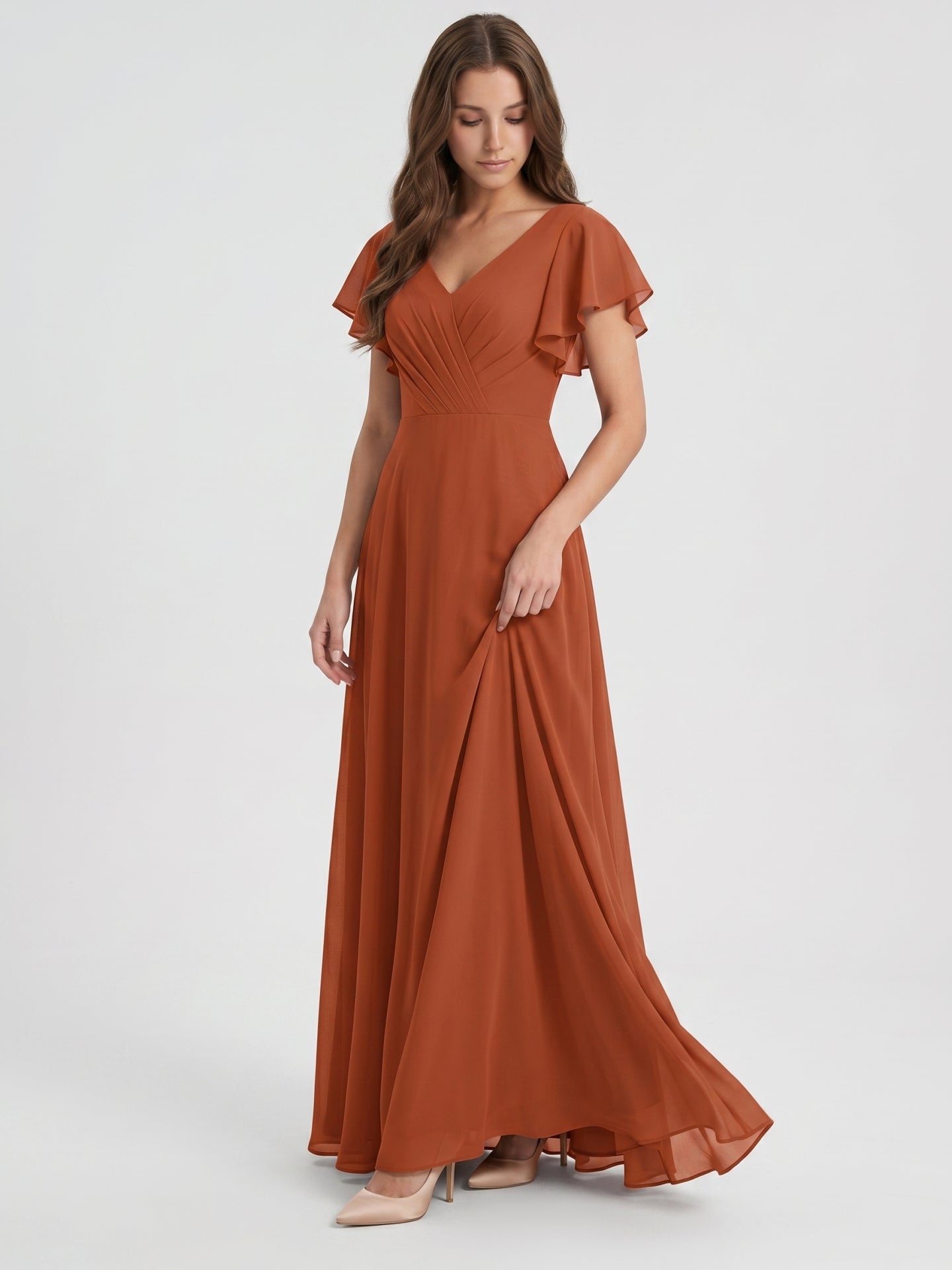 Cinnamon Chiffon A-Line V-Neck Back Zip Floor-Length Bridesmaid Dress with Ruffles
