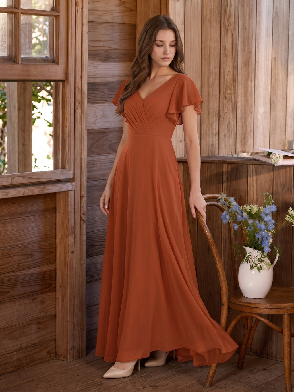 Cinnamon Chiffon A-Line V-Neck Back Zip Floor-Length Bridesmaid Dress with Ruffles