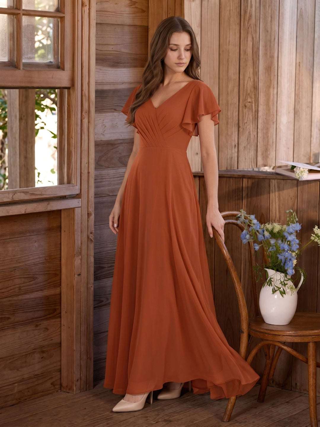 Cinnamon Chiffon A-Line V-Neck Back Zip Floor-Length Bridesmaid Dress with Ruffles