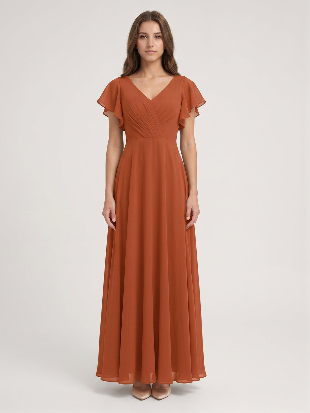 Cinnamon Chiffon A-Line V-Neck Back Zip Floor-Length Bridesmaid Dress with Ruffles