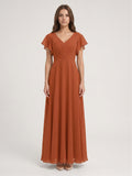 Cinnamon Chiffon A-Line V-Neck Back Zip Floor-Length Bridesmaid Dress with Ruffles