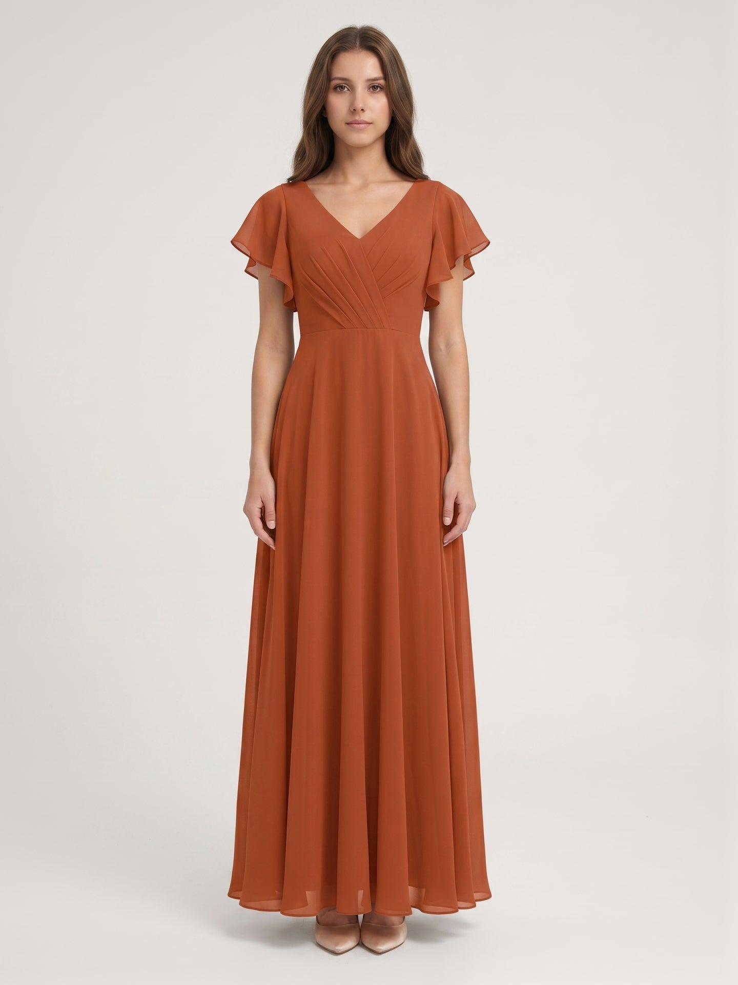 Cinnamon Chiffon A-Line V-Neck Back Zip Floor-Length Bridesmaid Dress with Ruffles