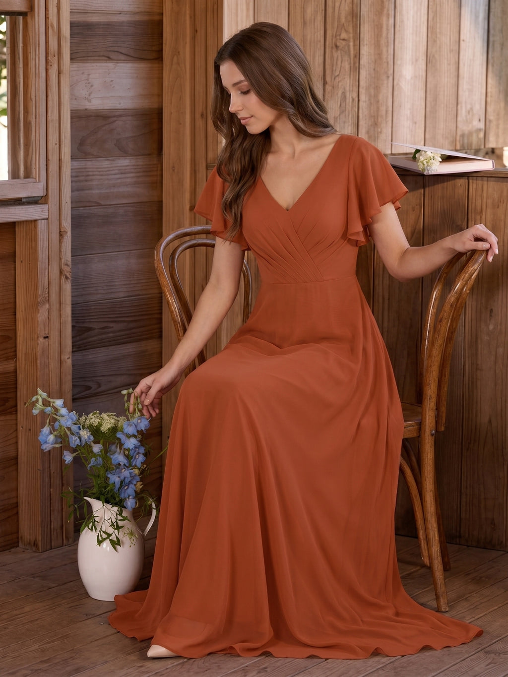 Cinnamon Chiffon A-Line V-Neck Back Zip Floor-Length Bridesmaid Dress with Ruffles