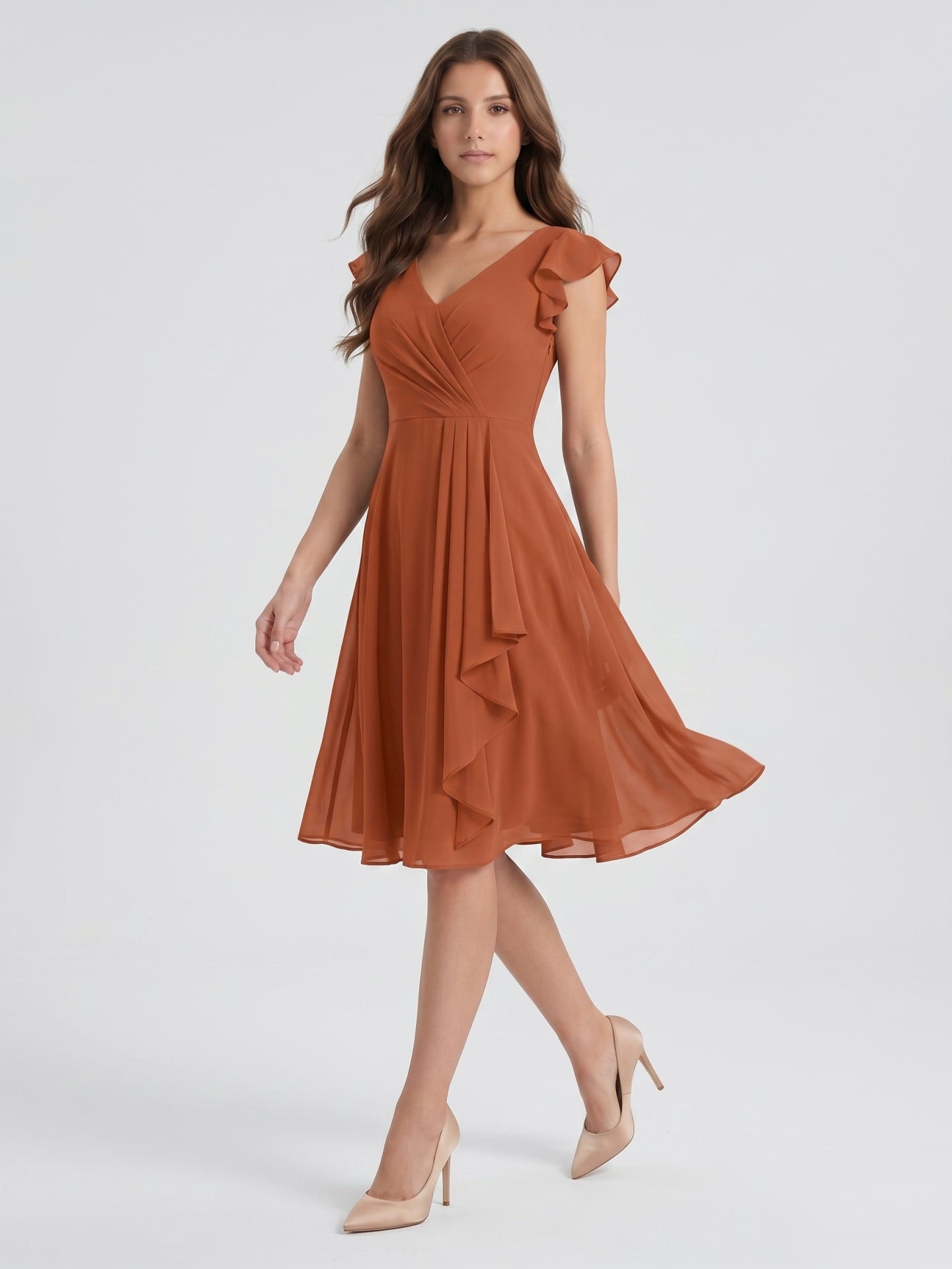 Cinnamon Chiffon A-Line V-Neck Back Zip Knee-Length Bridesmaid Dress with Ruffles