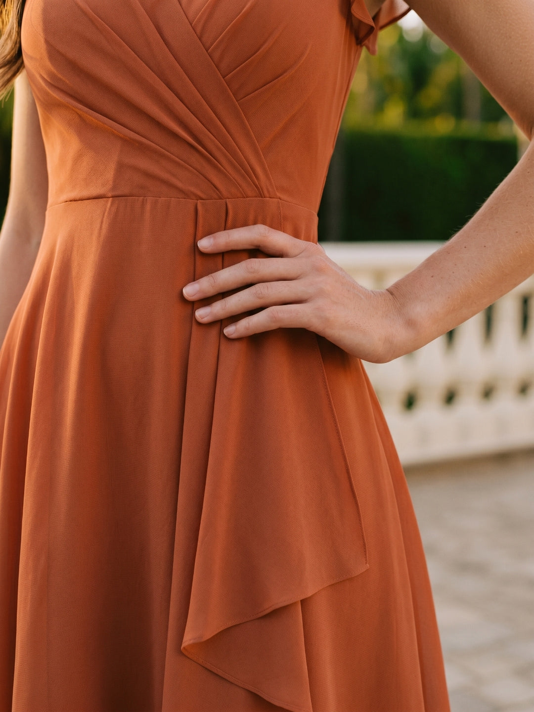 Cinnamon Chiffon A-Line V-Neck Back Zip Knee-Length Bridesmaid Dress with Ruffles