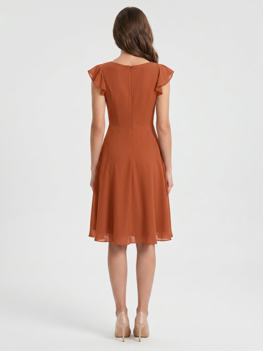 Cinnamon Chiffon A-Line V-Neck Back Zip Knee-Length Bridesmaid Dress with Ruffles