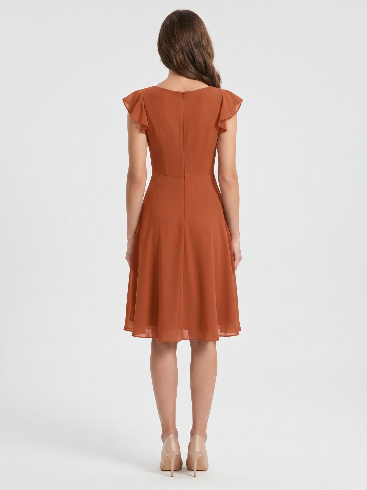 Cinnamon Chiffon A-Line V-Neck Back Zip Knee-Length Bridesmaid Dress with Ruffles