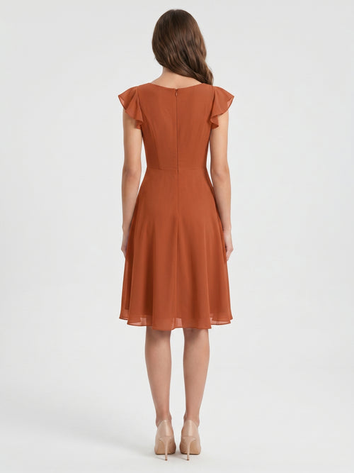 Cinnamon Chiffon A-Line V-Neck Back Zip Knee-Length Bridesmaid Dress with Ruffles