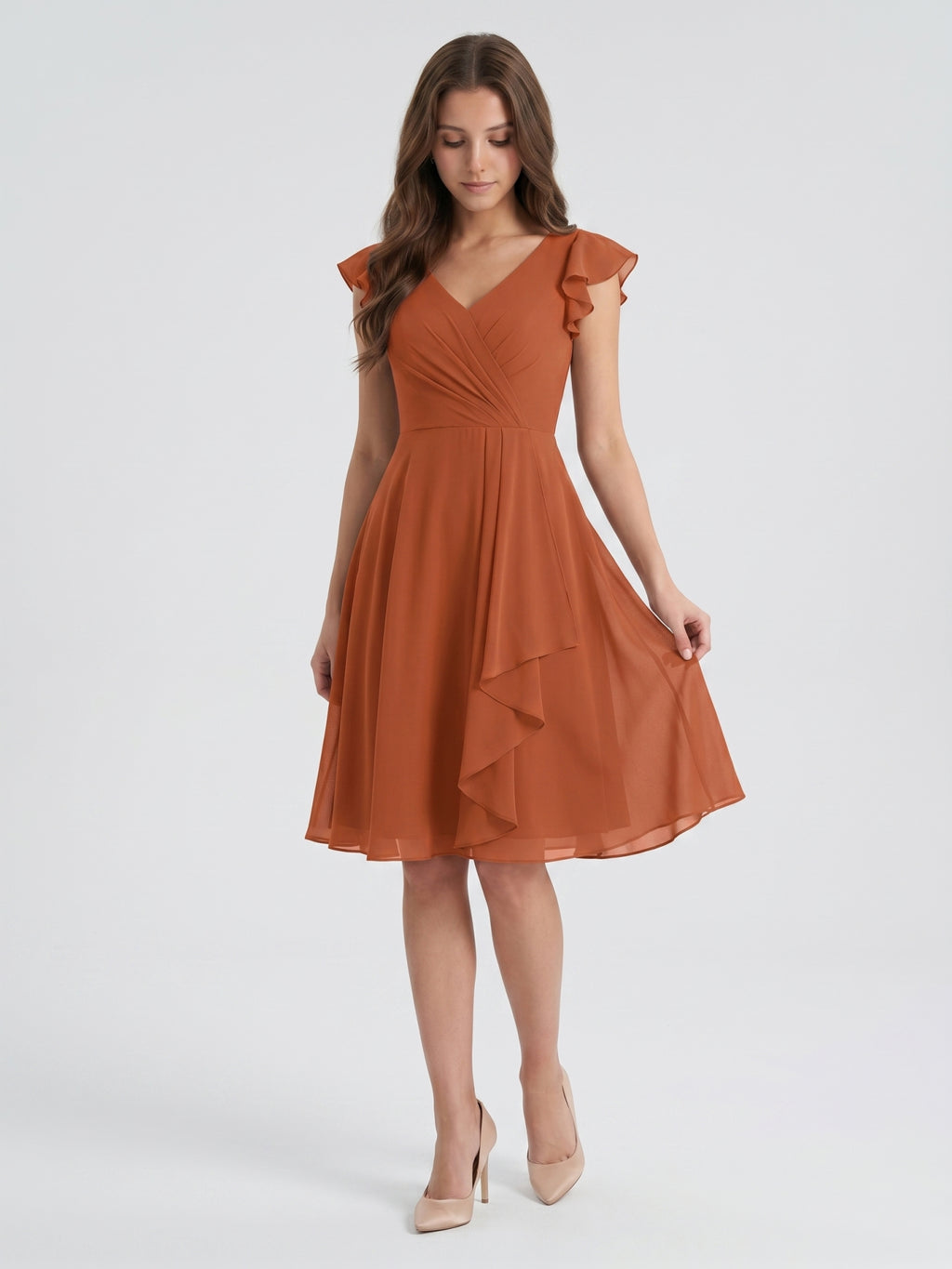 Cinnamon Chiffon A-Line V-Neck Back Zip Knee-Length Bridesmaid Dress with Ruffles