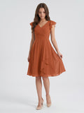 Cinnamon Chiffon A-Line V-Neck Back Zip Knee-Length Bridesmaid Dress with Ruffles