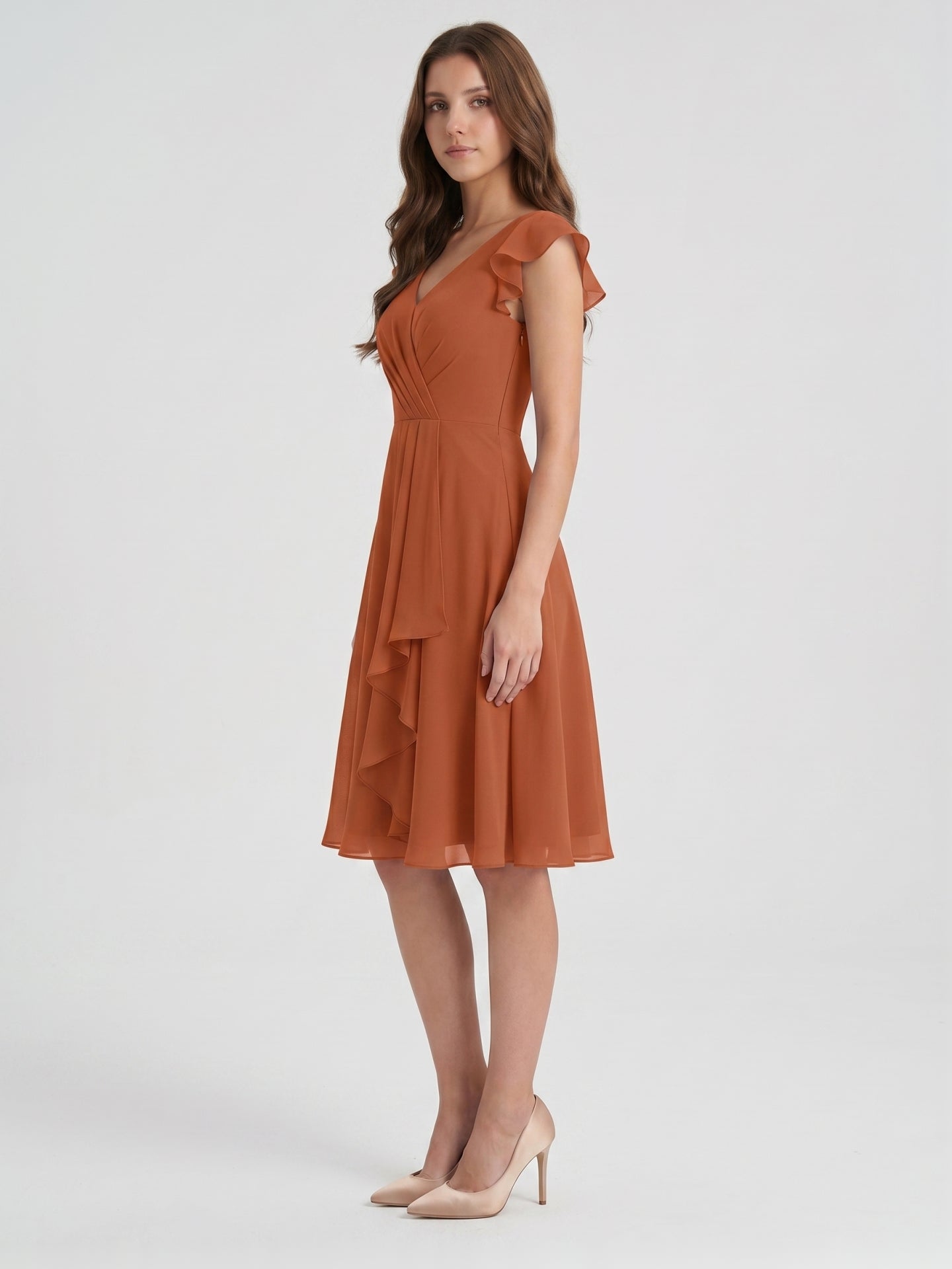 Cinnamon Chiffon A-Line V-Neck Back Zip Knee-Length Bridesmaid Dress with Ruffles