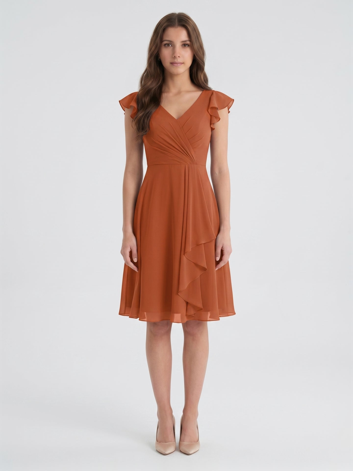 Cinnamon Chiffon A-Line V-Neck Back Zip Knee-Length Bridesmaid Dress with Ruffles